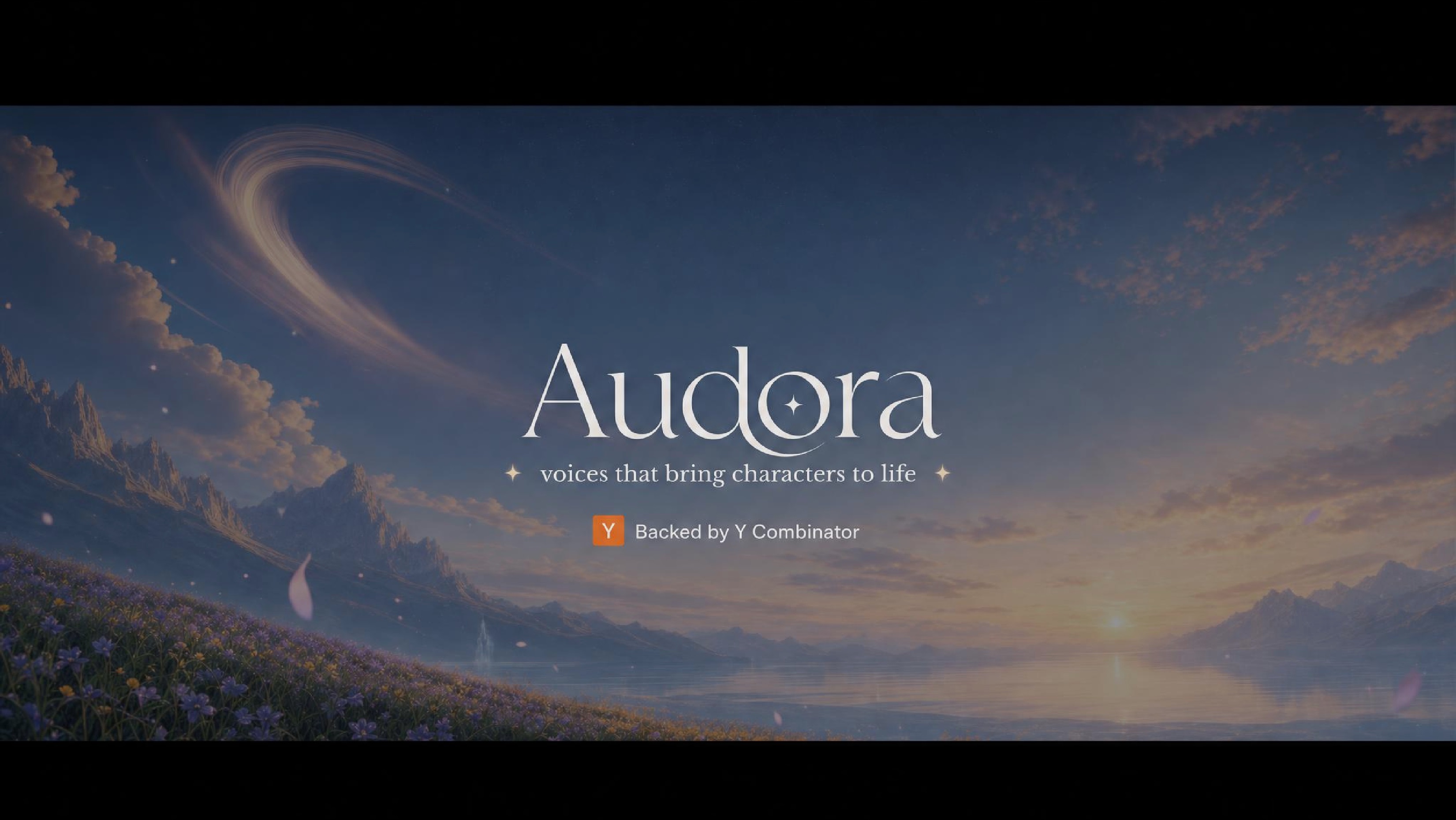The Audora launch key art — the wordmark and tagline over a painted valley at dusk, letterboxed like a film still.