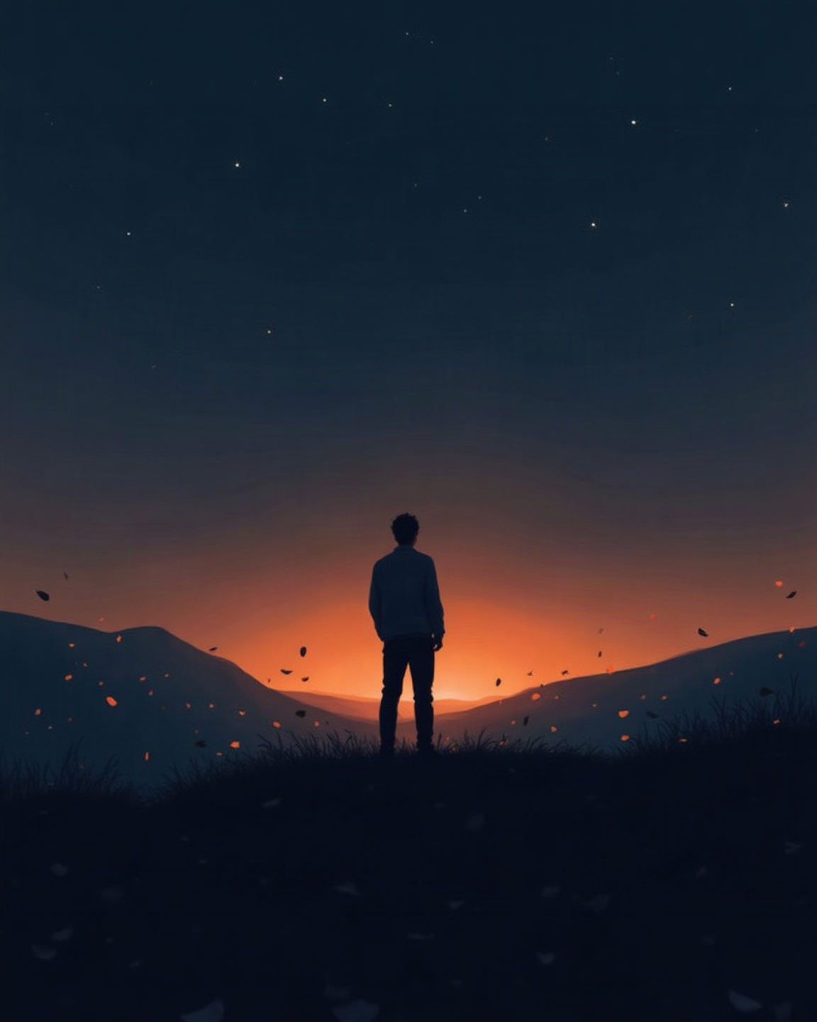 A listener silhouetted against the last light of dusk, headphones on.